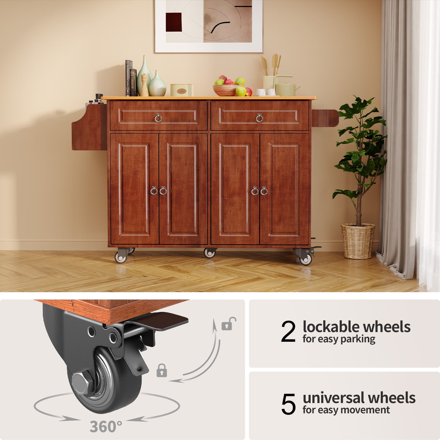 Lofka Kitchen Islands Carts with Storage, 52” kitchen Islands with 2 Storage Cabinet, Spice Rack, Towel Rack, Brown