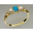 thumbnail image 2 of LBG British Made 14k Yellow Gold Natural Turquoise & Cultured Pearl Womens Trilogy Ring - 33 size options - Sizes 4 to 12 Available, 2 of 5