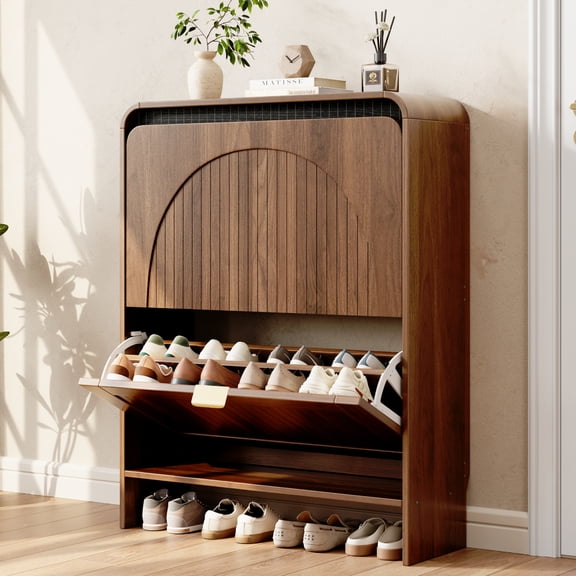 Seetech Shoe Storage Cabinet with 2 Flip Drawers, Freestanding Narrow Shoe Organizer for Entryway, Walnut