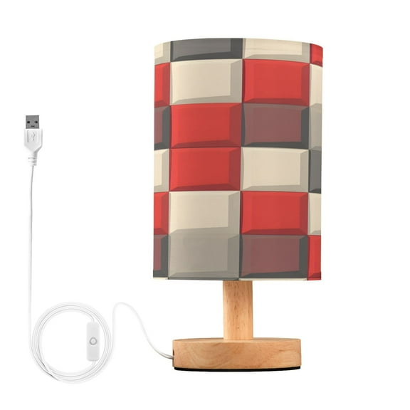 Checkered Red and Gray Bedside Table Lamp Desk Warm Lights with USB Charging Port Cylinder LED Lamps for Bedroom Living Room Office