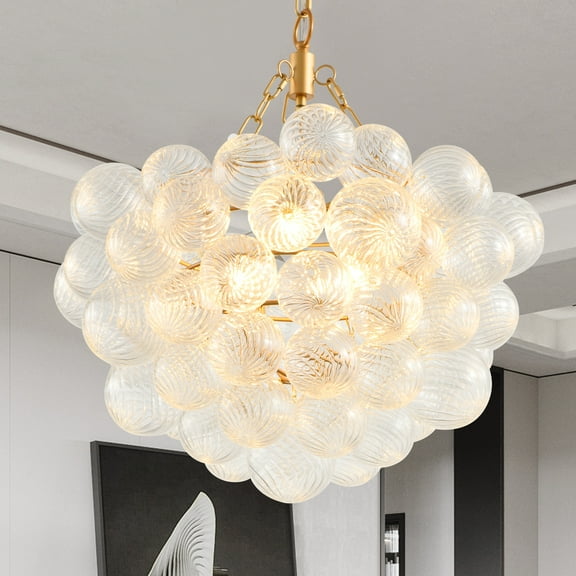Ceiling Bubble Ball Gold Pendant Light Chandelier 22.8in with Threaded Clear Glass Globe Shade ( Adjustable Height)