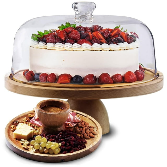 Soporte para tartas con tapa de cúpula acrílica 2 en 1 Multifuncional redondo inastillable mesa de postre con plato de madera de acacia, bandeja vegetariana, frutero Expositor para tartas de