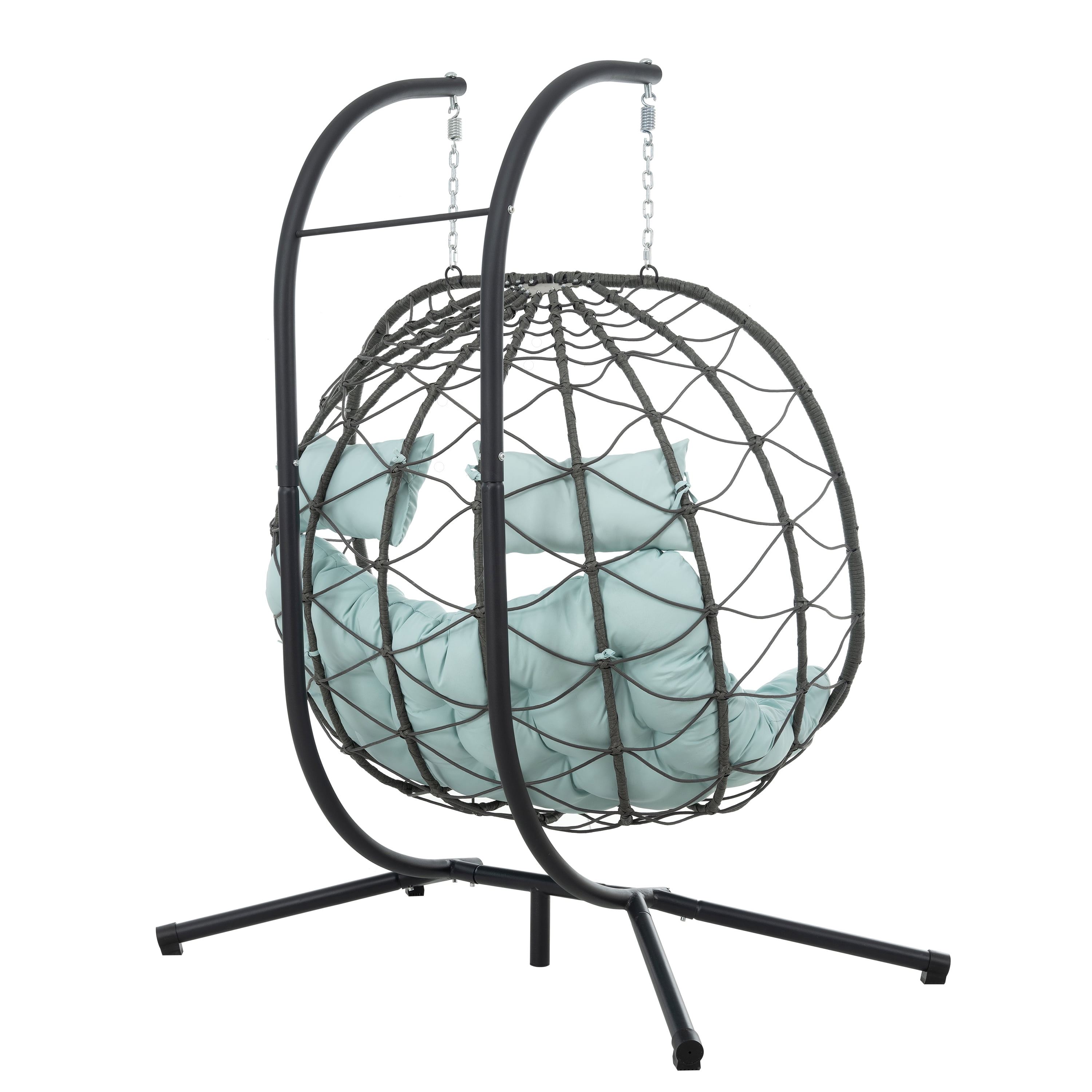 2 Persons Egg Chair with Stand, Indoor Outdoor Swing Chair Patio Wicker Hanging Egg Chair for Bedroom, Coral Blue