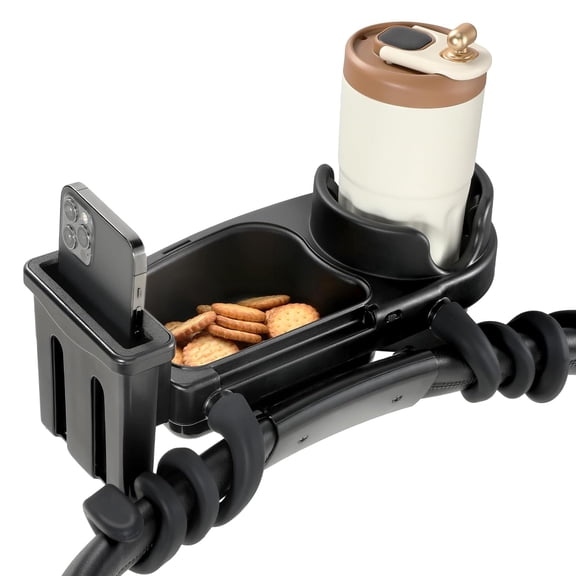 Universal Stroller Snack Tray, 3 in 1 Stroller Cup Holder with Phone Holder and Silicone Flexible Arms Grip, Stroller Tray Attachment Compatible with Uppababy, Baby Jogger, BOB Stroller