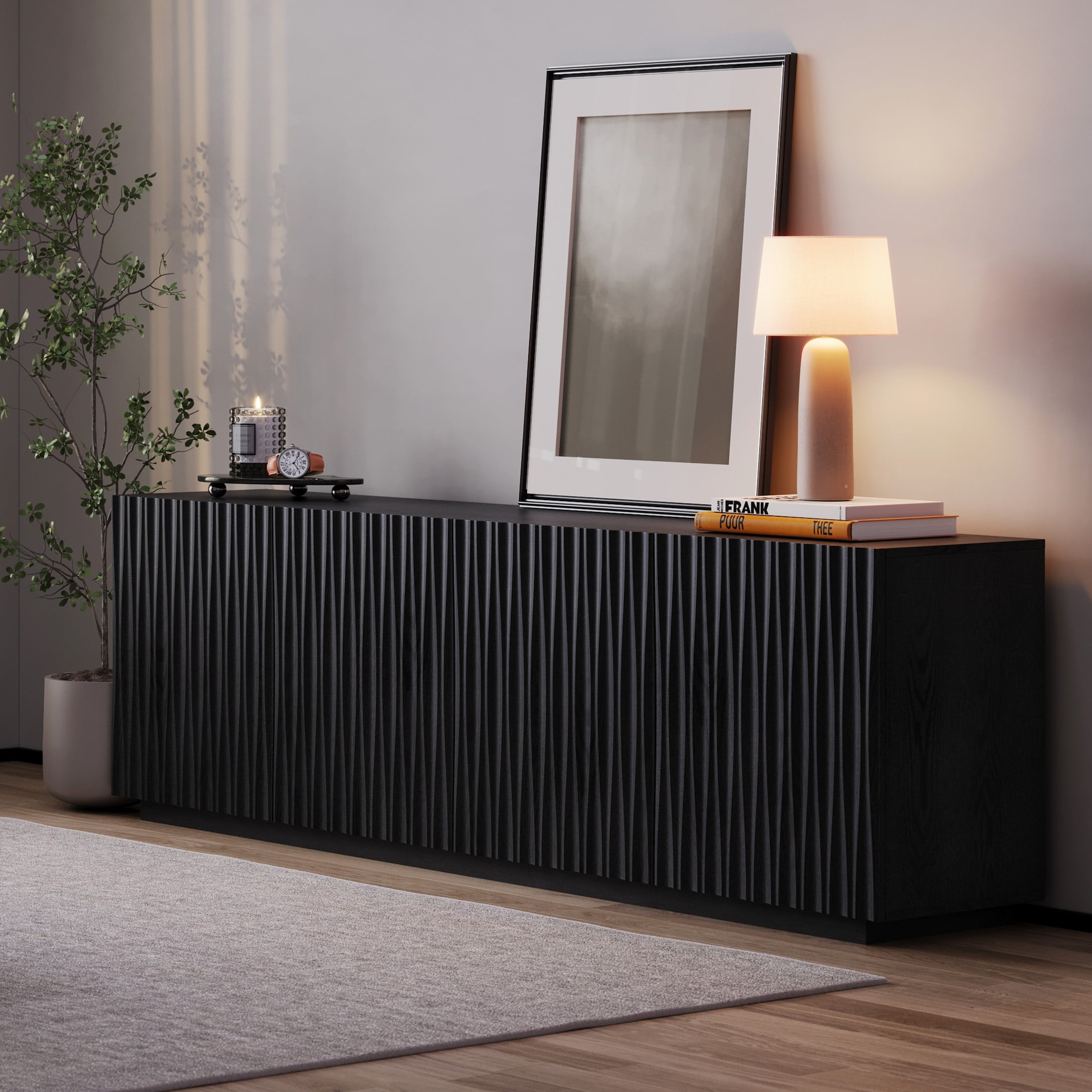 CHIC HOUSE 70" Fluted TV Stand for TVs up to 75", Mid-Century Modern Tall Media Cabinet with 4 Doors & Shelves, Wave-Inspired Wooden TV Console for Living Room, Bedroom, Black