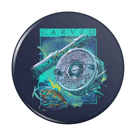 Carved Fly Fishing Trout Rod Reel Pinback Button Pin