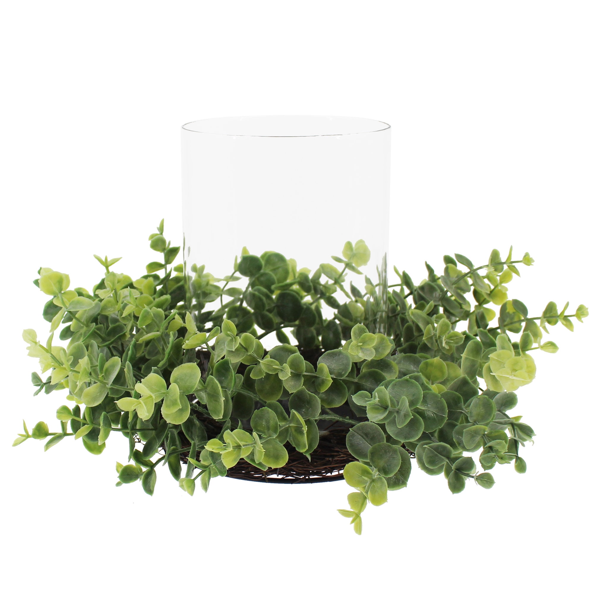Mainstays Decorative Hurricane Pillar Candleholder with Faux Eucalyptus, 8 in H