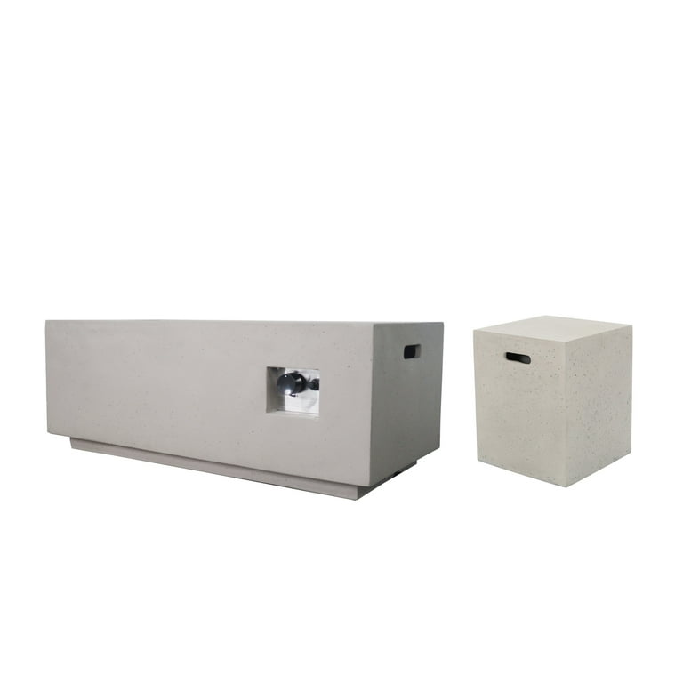 Alison Outdoor Rectangle Light Weight Concrete Gas Fire Pit with Tank Holder, Light Gray
