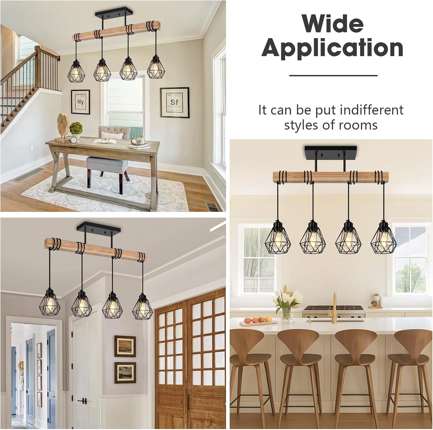 4-Lights Farmhouse Wood Kitchen Island Lighting Dining Room Light Fixtures Chandelier over Table Rustic Black Cage Pendant Lights Ceiling Hanging for Pool Table, Living Room, Hallway