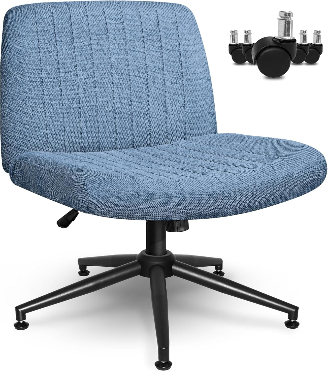 NEO CHAIR Criss Cross Chair with Wheels Armless Cross Legged Office Desk Wide Comfy Vanity Makeup Chair Adjustable Swivel Rolling Computer for Home Office Fabric (Blue Dual Base)
