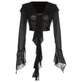 thumbnail image 1 of Blusa de mujer con mangas largas y lazo en la parte delantera, de malla transparente, color liso, manga larga, color negro, 1 of 5