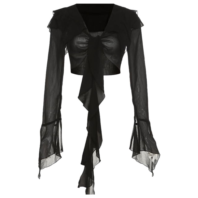 Blusa de mujer con mangas largas y lazo en la parte delantera, de malla transparente, color liso, manga larga, color negro