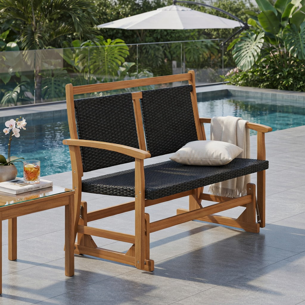 Hommoo 2-Person Outdoor Glider Bench with PE Rattan Seat & Back, Acacia Wood Frame, Sturdy Metal Base, for Patio, Backyard, Balcony Seating, Brown