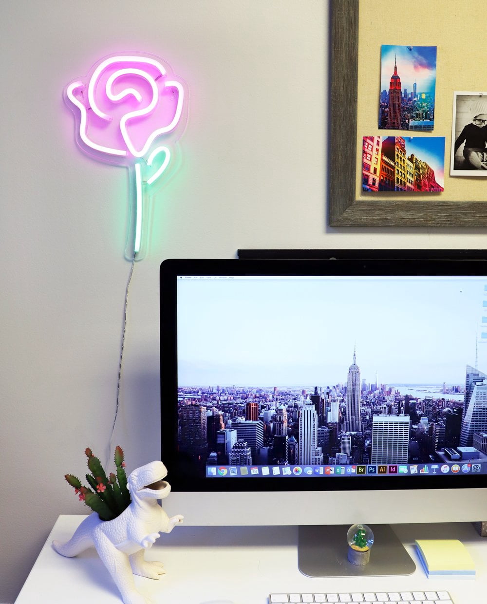 Isaac Jacobs 15" x 9" LED Neon Pink Rose Flower with Green Stem Wall Sign, Powered by USB Wire