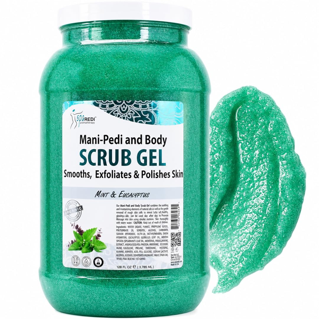 SPA REDI - Exfoliating Scrub Pumice Gel, Mint and Eucalyptus, 128 Oz - Manicure, Pedicure and Body Exfoliator Infused with Hyaluronic Acid, Amino Acids, Panthenol and Comfrey Extract