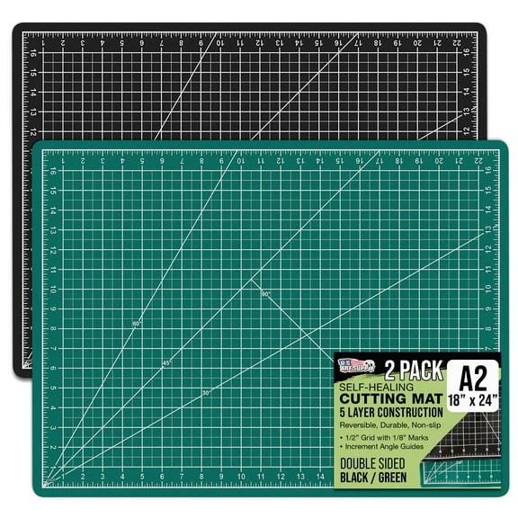 U.S. Art Supply 18" x 24" Self-Healing Cutting Mat 5-Ply (2 Pack) - Double-Sided Green/Black Craft Mat, Non-Slip Cutting Mats for Crafts, Sewing, Quilting, Scrapbooking