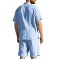 thumbnail image 3 of RYDCOT Men's 2 Piece Linen Set Stand up Collar Button Down Short Sleeve Shirt and Shorts Summer Beach Outfit Light Blue, 3 of 6