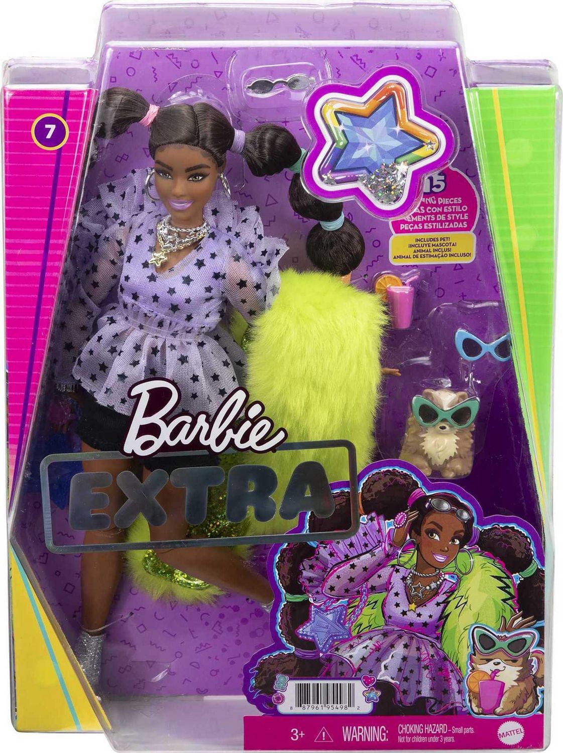 Barbie Extra Doll #7 in Top, Shorts & Furry Shrug with Pet Pomeranian, Long Pigtails with Rainbow Hair Ties, Outfit & Accessories, Multiple Flexible Joints, Gift for Kids 3 Years Old & Up