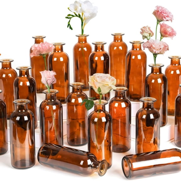 Amber Glass Bud Vase, 20 Pack 8 Oz Living Bud Vases, Small Vases for Flowers, Drative Amber Bottles for Table Centerpiece, Home Dr, Office, Wedding Reception, Vintage Style