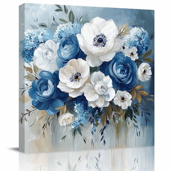 Blue Hydrangeas Floral Art Canvas Artwork Painting Art, Country White Peony Flower Square Framed Wall Decorations Prints Picture for Bedroom Kitchen Living Room, 12x12 in