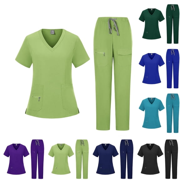 Womens Scrub Sets Stretch 2 Piece Uniforms Suit Nursing Fitted V Neck Short Sleeve Top with Cargo Jogger Style Pants, #02 Fluorescent Green, XL