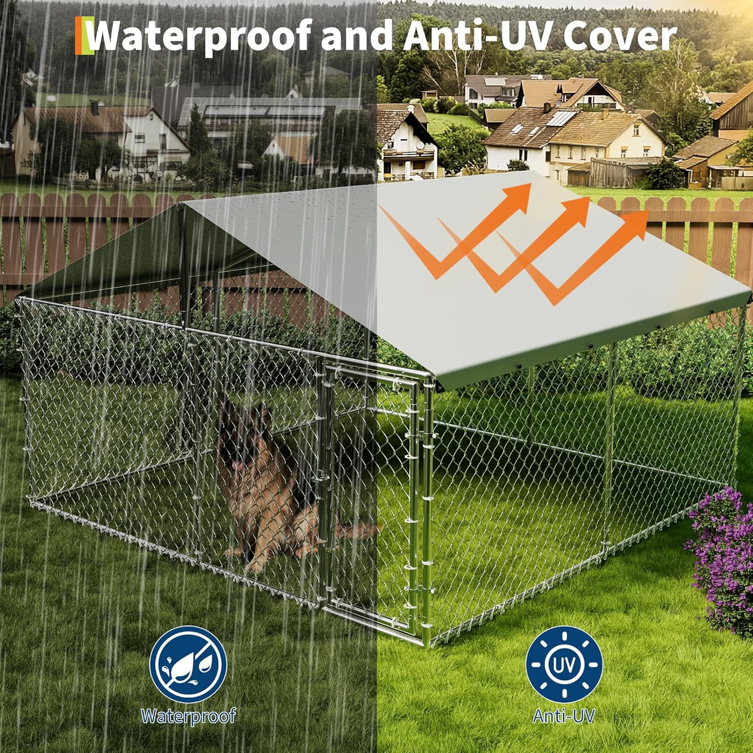 QinaQin 10x10x6Ft Large Outdoor Dog Kennel,Heavy Duty Dog Kennel with Waterproof Roof & Door Lock,Reinforced Galvanized Steel,Metal Large Dogs Cage for Backyard,Silver