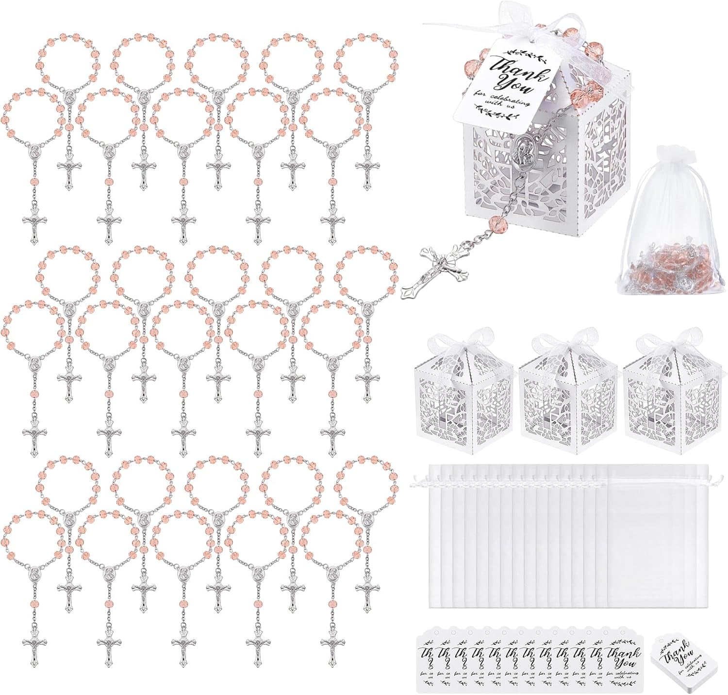 120PCS Baptism Favors Set Including 30 Mini Rosary Baptism Favors 30 Hollow Gift Boxes 30 Organza Bags 30 Thank You Tags Christening