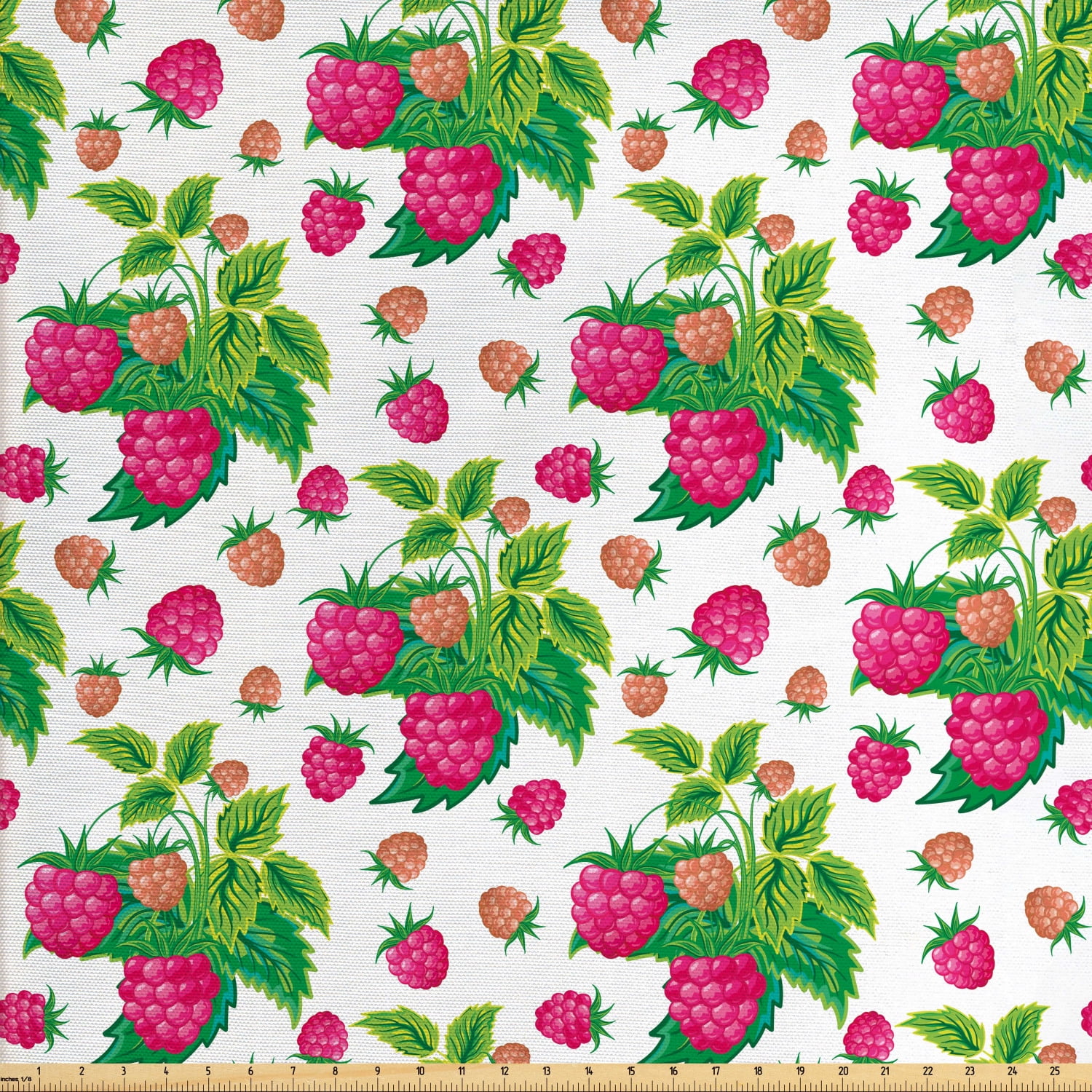 Fruit Sofa Upholstery Fabric by the Yard, Spring Botanical Art Raspberries with Green Leaves
