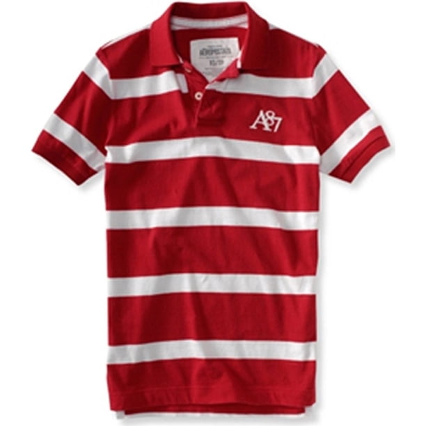Aeropostale - Polo de rugby con logotipo de rayas A87 para hombre, rojo, grande