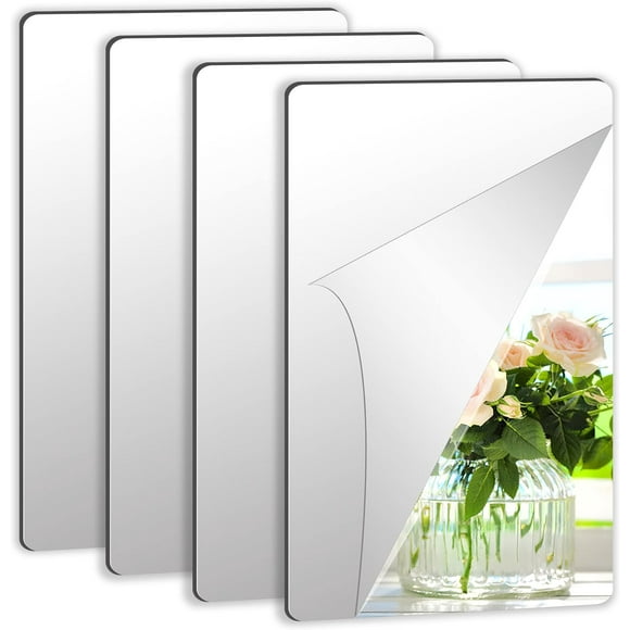 of 4 self adhesive tile mirrors, self adhesive flexible mirror, not glass, DIY acrylic wall decoration, decorative mirror, frameless, 15 x 23 cm