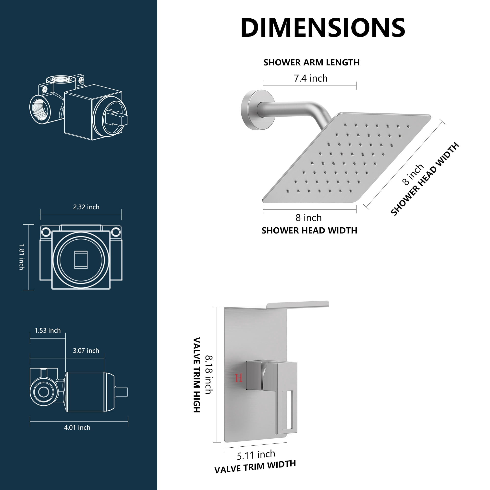 Brushed Nickel Shower Faucet Set with 8 Inch Rain Shower Head, Single Handle Shower System with Storage Shelf, Modern Wall Mounted Bathroom Fixture for Full Body Coverage