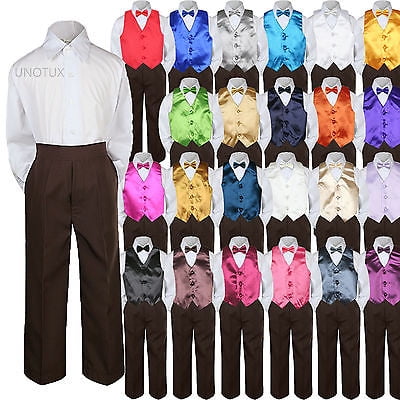 

Color Choice 4pc Vest Bow Tie Boy Suit Brown Set Baby Toddler Kid Formal sz S-7