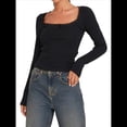 thumbnail image 2 of Top Corto de Larga con Cuello Cuadrado para Mujer, Top de Punto Acanalado con Nudo y Encaje de Patchwork. Negro M, 2 of 8
