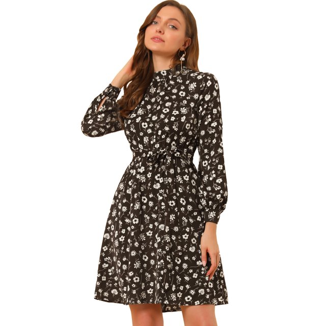 Vestido Floral De Una Línea De Manga Larga Con Columpio Hasta La Rodilla Y Cuello Simulado Para Mujer Cafe Blanco L