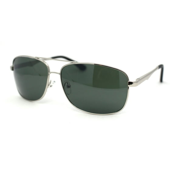 Mens Narrow Rectangle Spring Hinge Luxe Officer Metal Rim Sunglasses Silver - Green