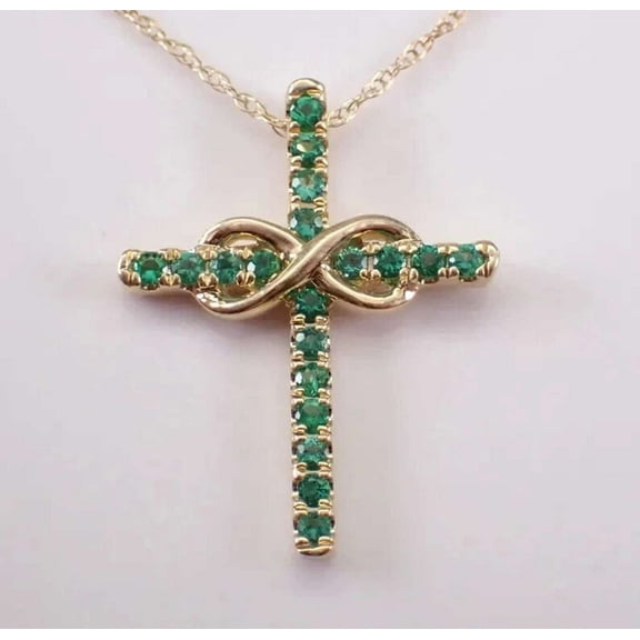2.00CT Green Emerald 925 Silver Infinity Cross Shape Pendant 14k Yellow Gold Plated