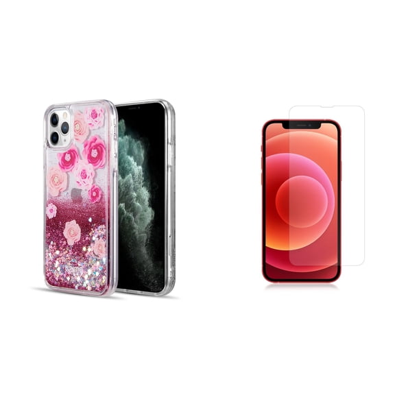 Liquid Glitter Case for iPhone 14 Pro and Glass Screen Protector - Pink Flowers