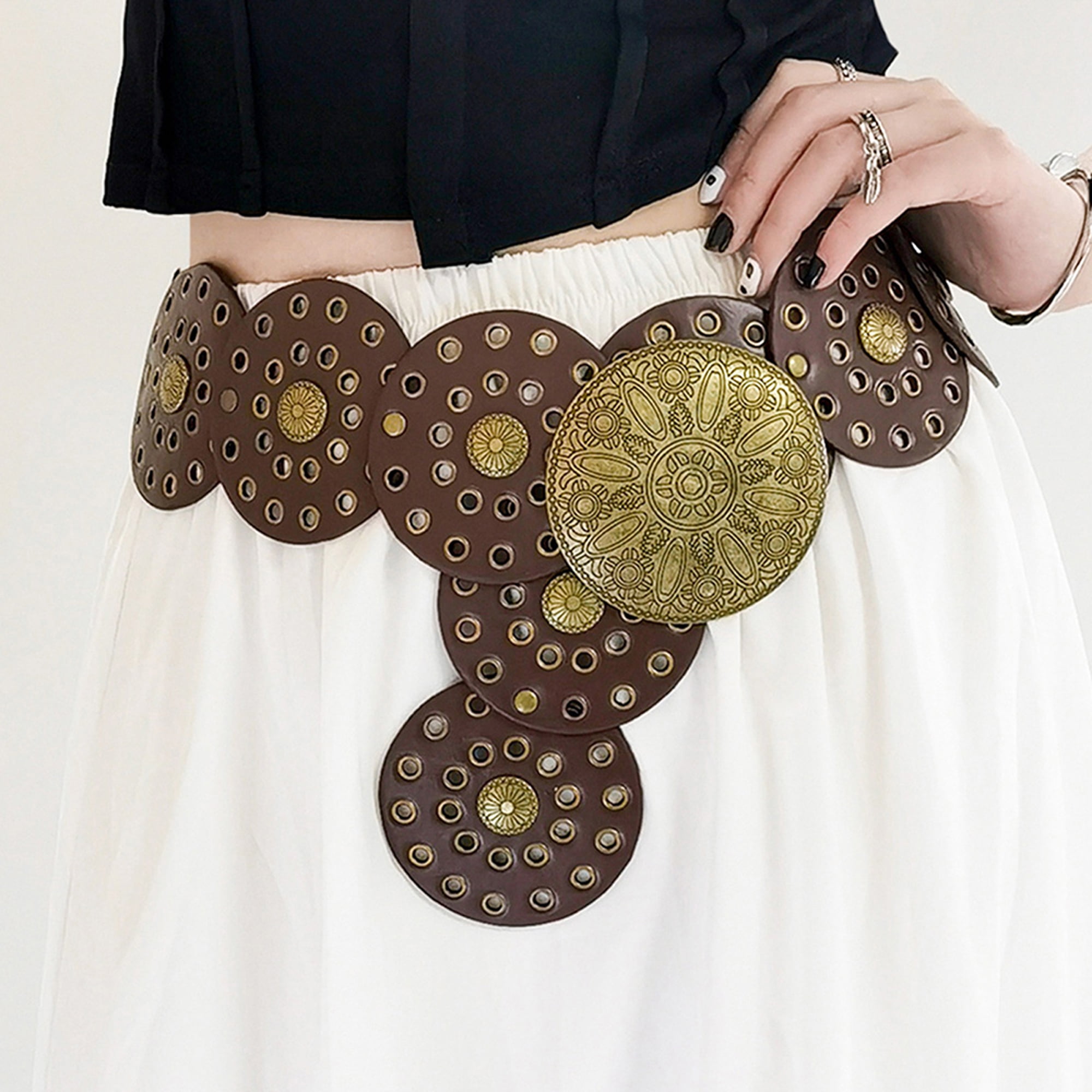 Cintura Larga Western Donna In Pelle PU Con Disco Concho - Boho, 110 Cm, Per Jeans E Abiti