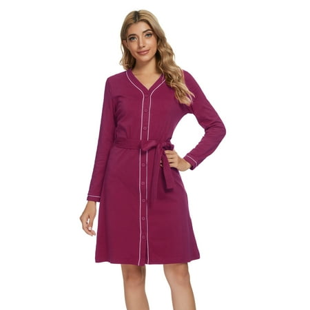 

MintLimit Women s Button Front Solid Long Sleeve V-neck Dress Belted Pajamas Gown Sleepwear Nightwear