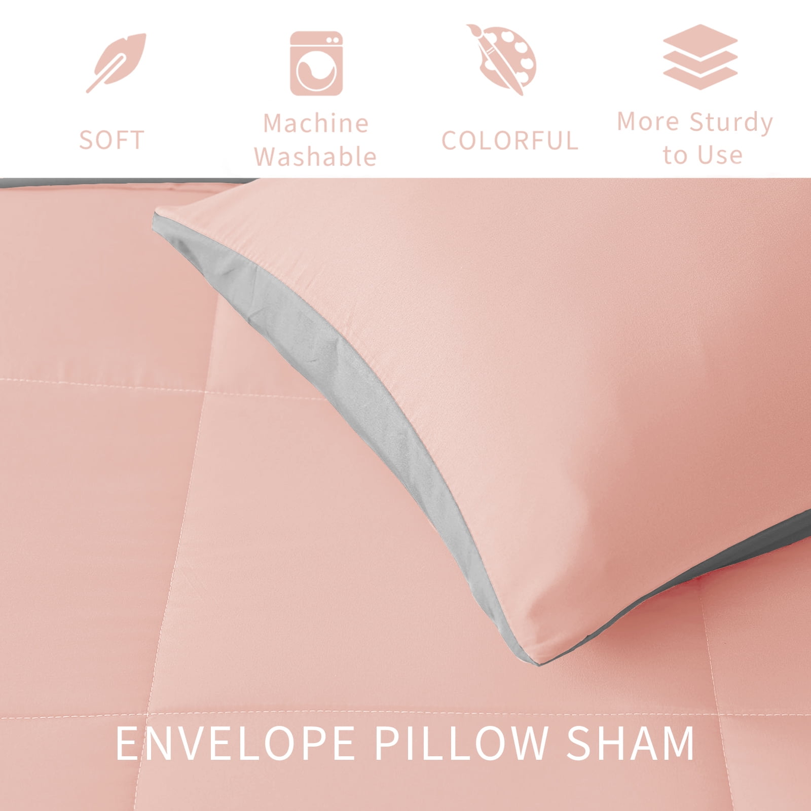 Exclusivo Mezcla Lightweight Reversible 3-Piece Comforter Set All Seasons, Down Alternative Comforter with 2 Pillow Shams, Full Size, Blush Pink/Light Grey