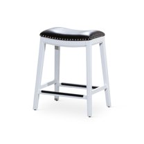 JERFIT White Bar Stool with Black Bonded Leather Seat, Saddle Style Counter Stool for Kitchen Island, Dining & Bar, Upholstered Swivel Stool with Footrest, Durable Hardwood Frame