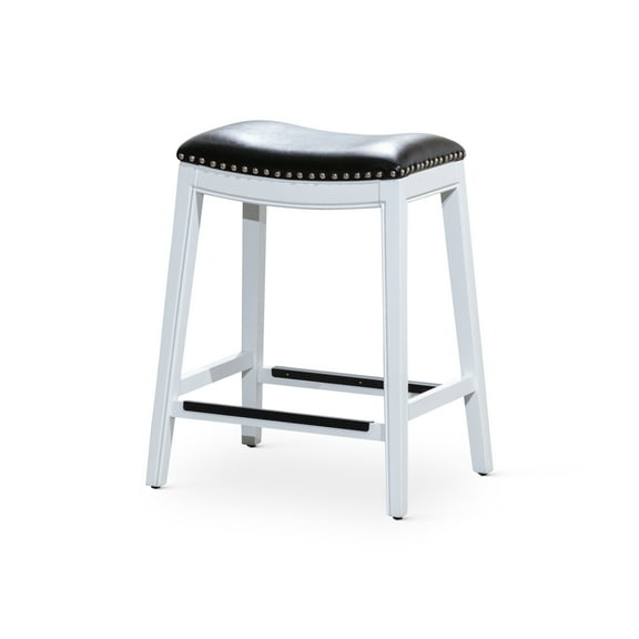 JERFIT White Bar Stool with Black Bonded Leather Seat, Saddle Style Counter Stool for Kitchen Island, Dining & Bar, Upholstered Swivel Stool with Footrest, Durable Hardwood Frame