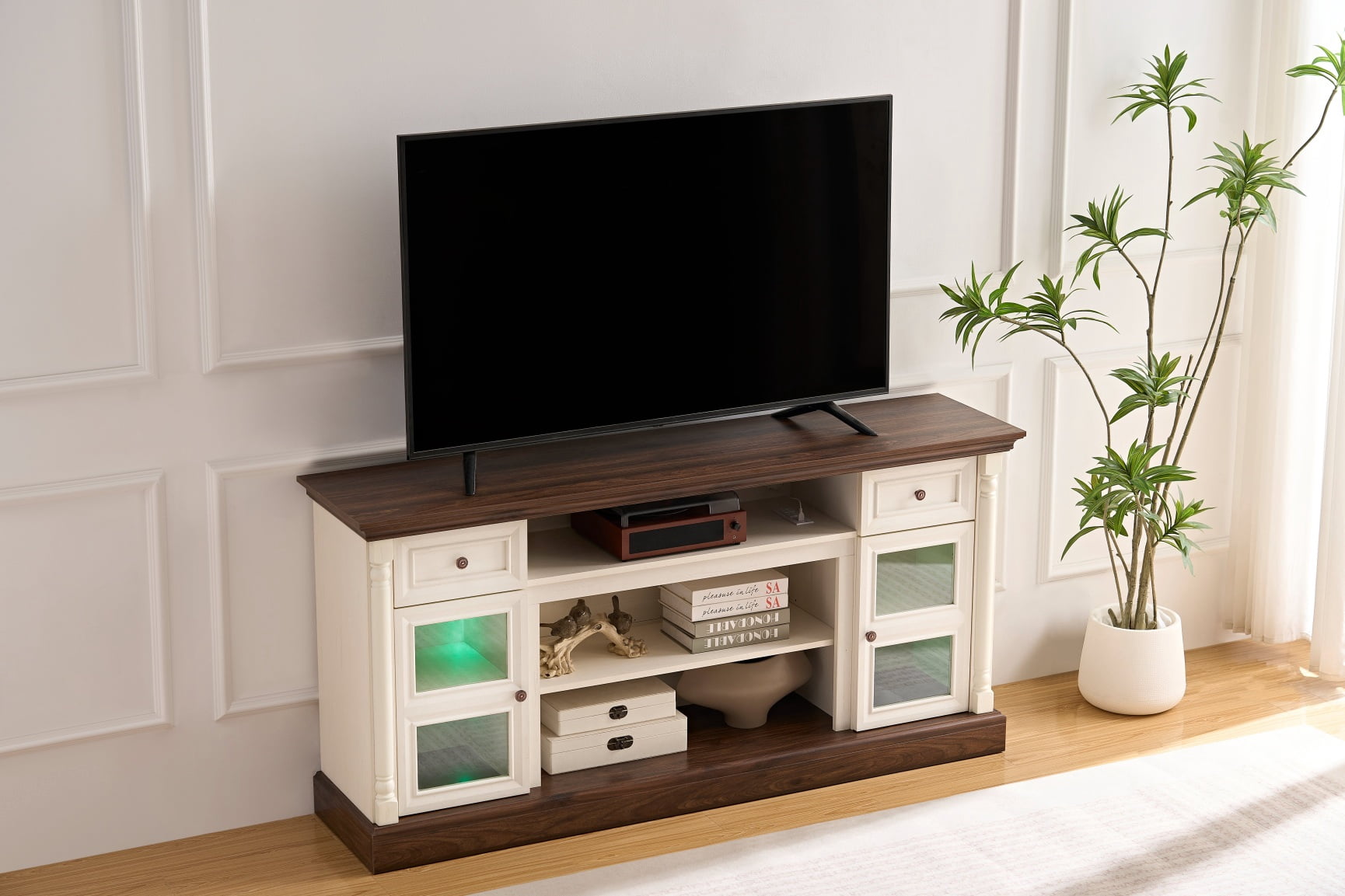 Farmhouse Fireplace TV Stand with Roman Column Design for Up to 80 Inch TVs, 70 Inch Modern Entertainment Center with Adjustable LED Lighting and Ample Storage for Living Room