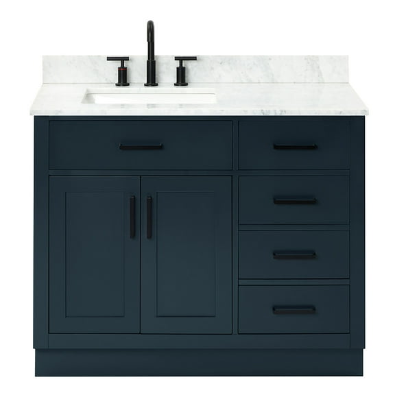 Ariel Hepburn 43 In. Left Offset Rectangle Sink Vanity With 0.75 In. Carrara White Countertop In Midnight Blue