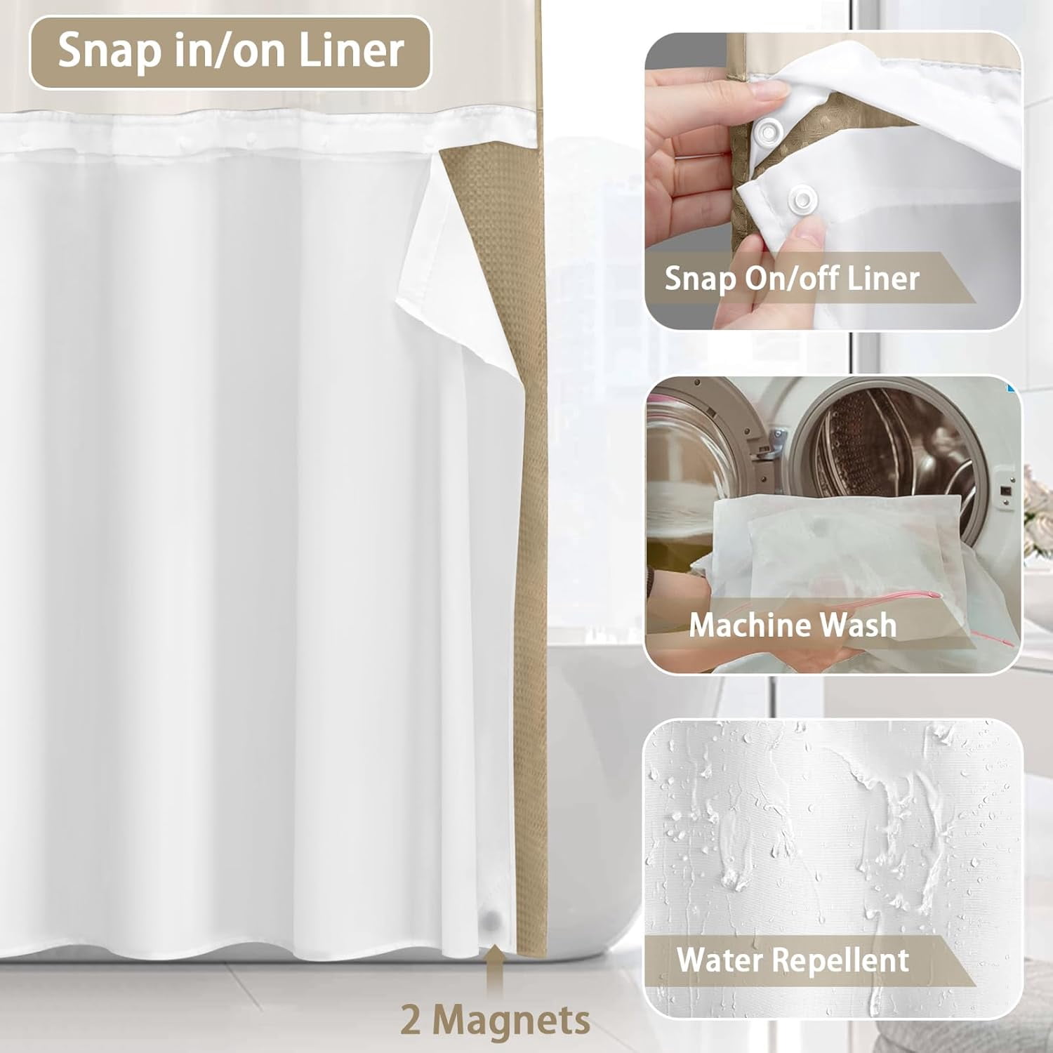 DawnJoanHD Waffle Weave No Hook Shower Curtain with Snap-in Liner, Beige Polyester Fabric with See-Through Top Window, 72" x 75"