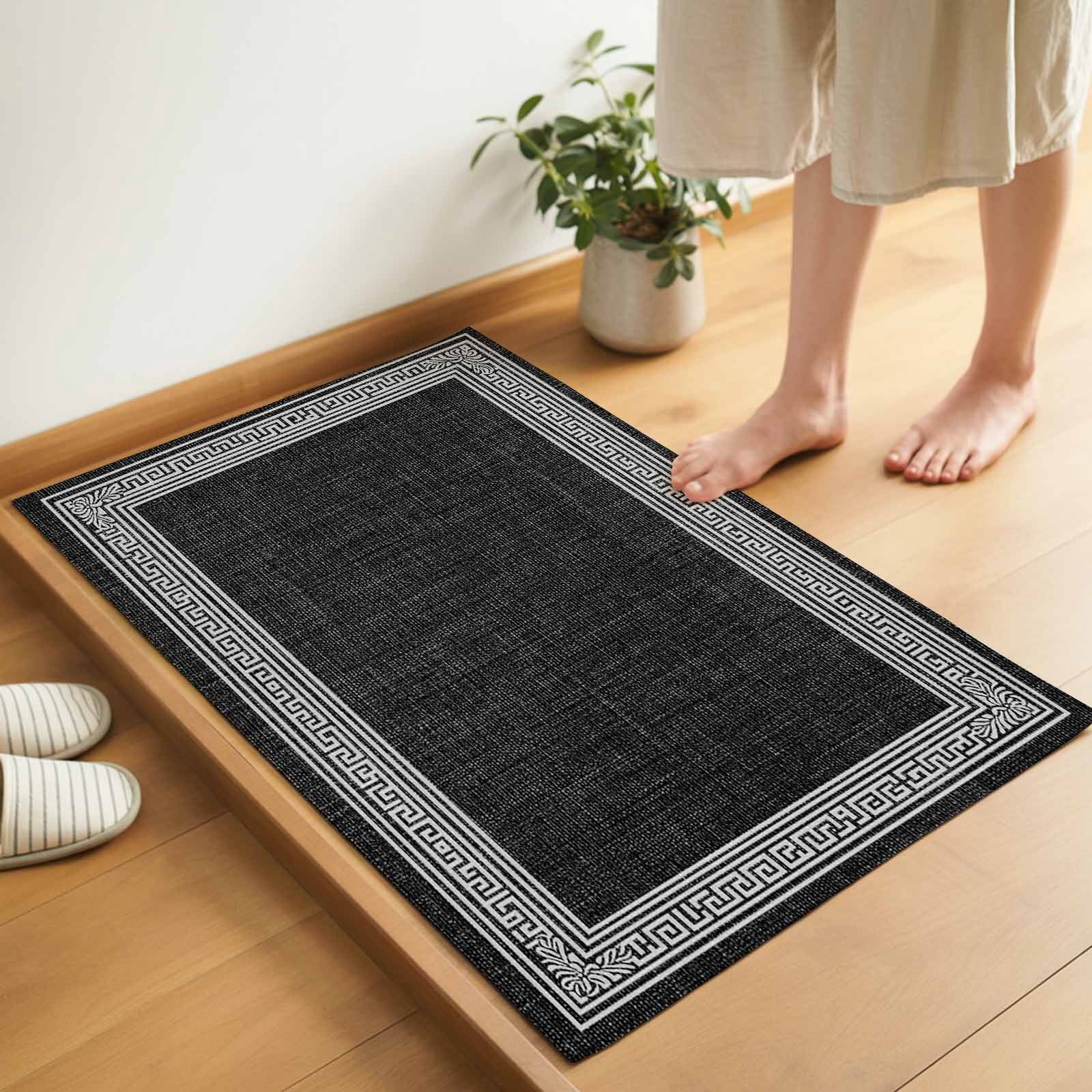 Black Geometric Indoor Door Mat - 20"x31.5", Non-Slip Welcome Mat for Outdoor, White Greek Key Design Burlap Modern Art Front Doormat for Entry, Low-Profile Doormat Entrance Rug for Kitchen/Bathroom