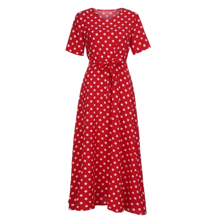 Cagogo Womens Summer Polka Dots Flowy Swing Aline Empire Waist Maxi Long Dresses Graduation Dresses Plus Size Short Sleeve Crewneck Belt Elegant Black