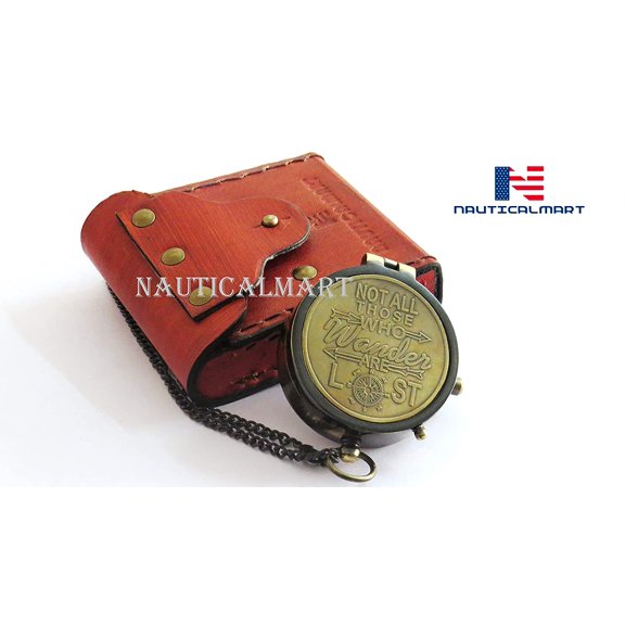 Brass Compass Engraved with NOT All Those WHO Wander are Lost with Gift Case Nautical Collectible
