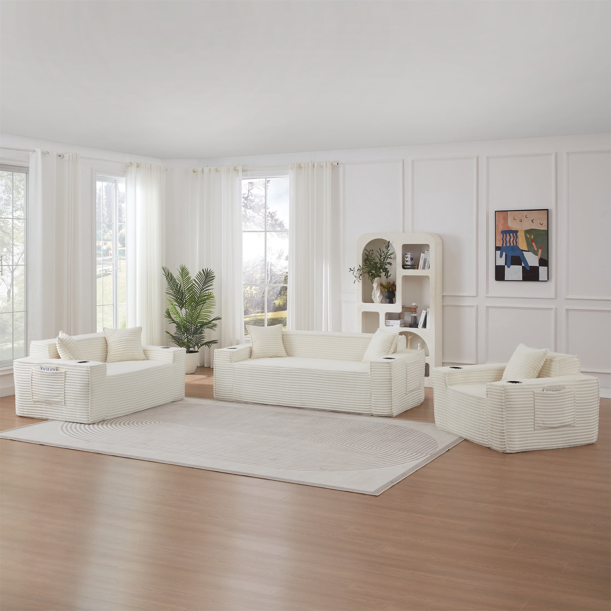 Aukfa 3 Piece Sofa Set - 81" 3 Seat Boneless Couch with 2 Cup Holders&Side Pockets for Living Room, White
