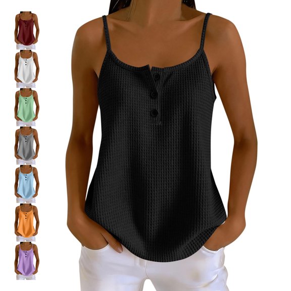 TGSLY Women's Waffle Knit Spaghetti Straps Tank Tops Stretchy Soft Half Button Placket Scoop Neck Solid Color Shirts Loose Fit Curved Hem Sleeveless Camisoles S